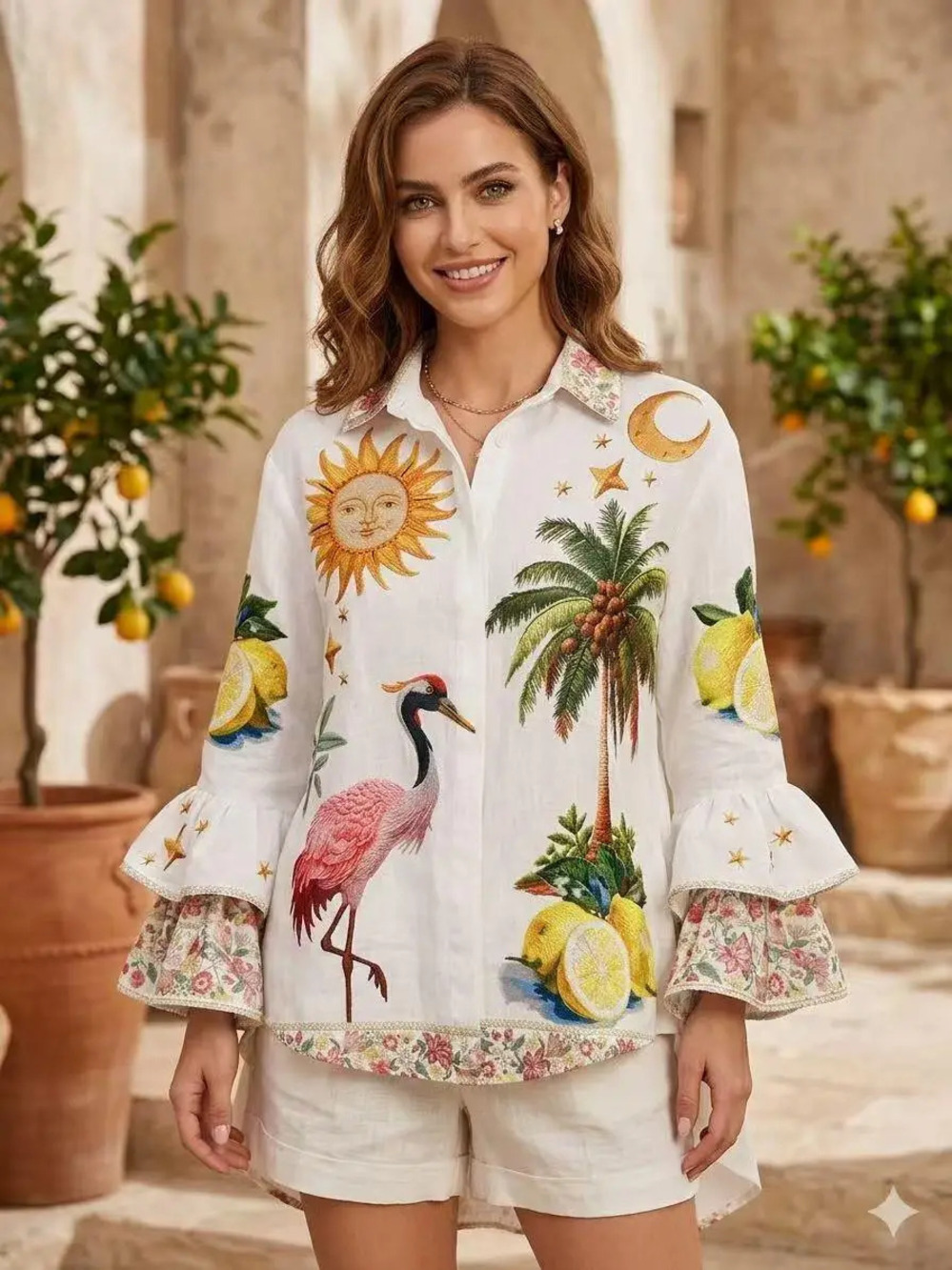 L712 | Loowie Tropical Flamingo Print Button Shirt | Ruffle Sleeve One Size S-L